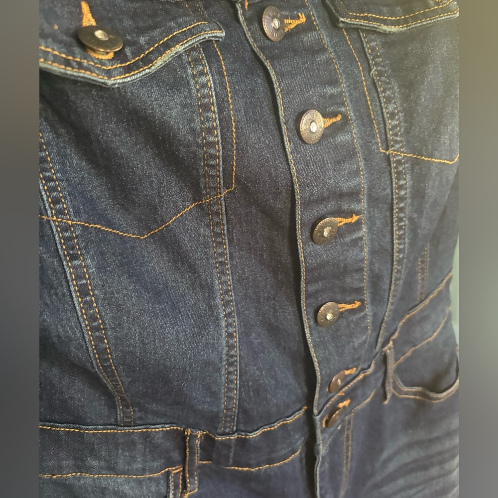 Off-Shoulder Dark Blue Women’s Jeans Jumpsuit - Picture 6 of 8
